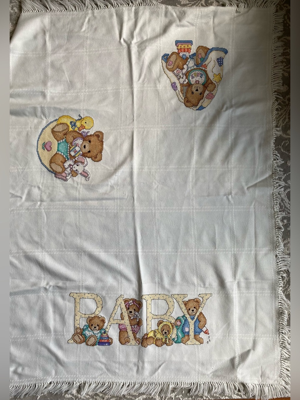 Vintage Handmade Cross Stitch Teddy Bear Baby Blanket Afghan White Fringed